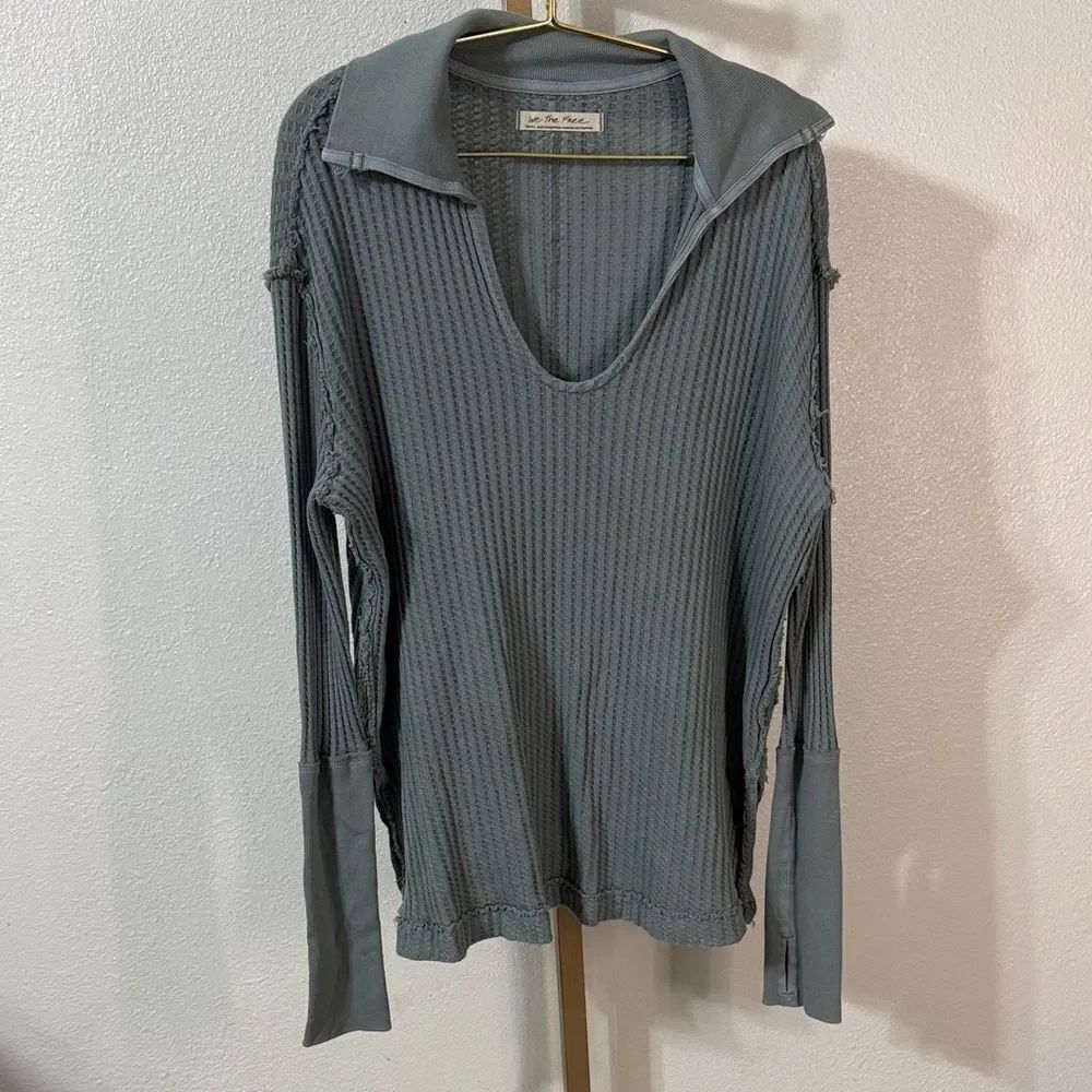 We The Free green/grey waffle Long Sleeve Top with collar and thumb holes- Small